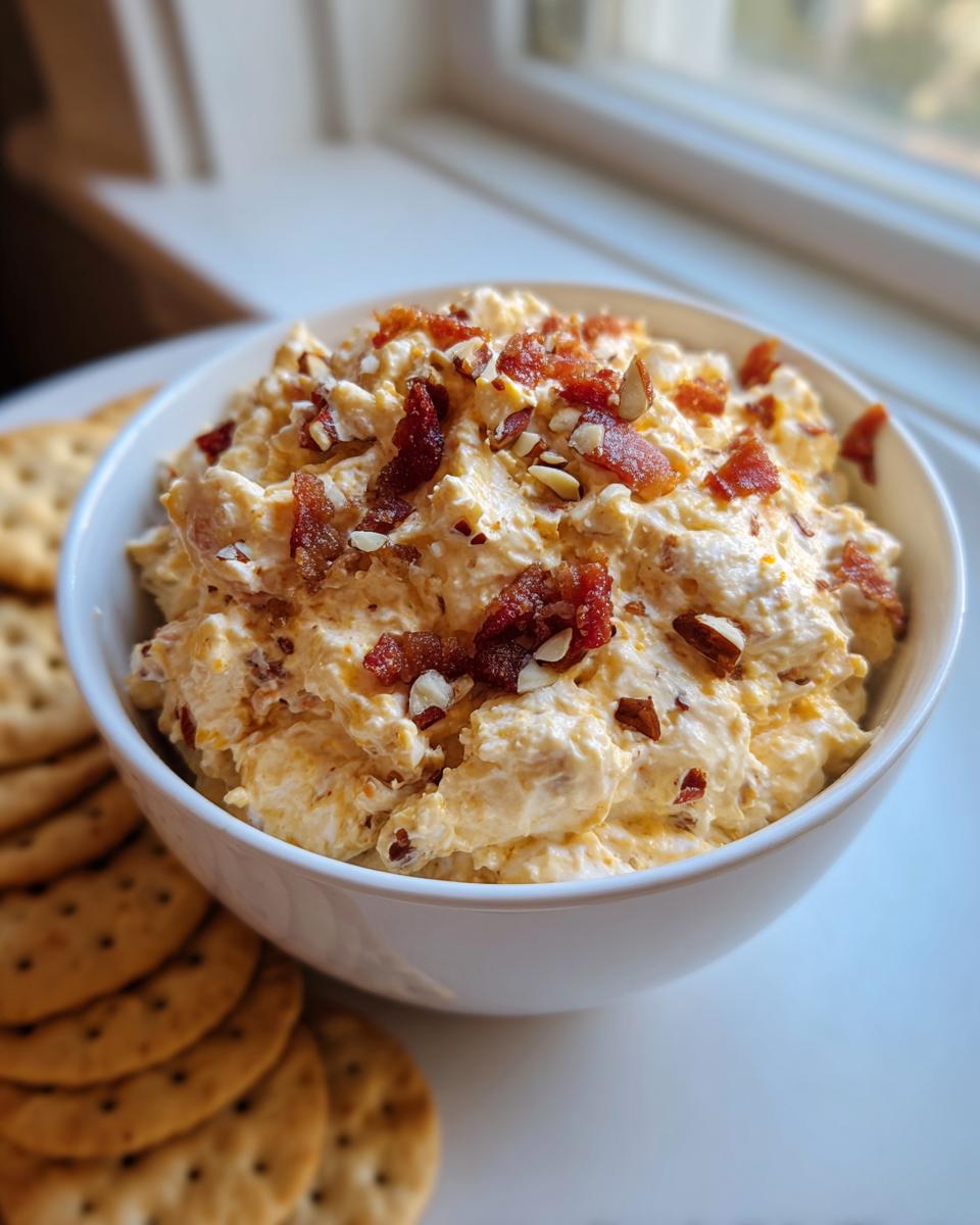 A white bowl filled with creamy Neiman Marcus dip, topped with crumbled bacon and chopped nuts, served with crackers.