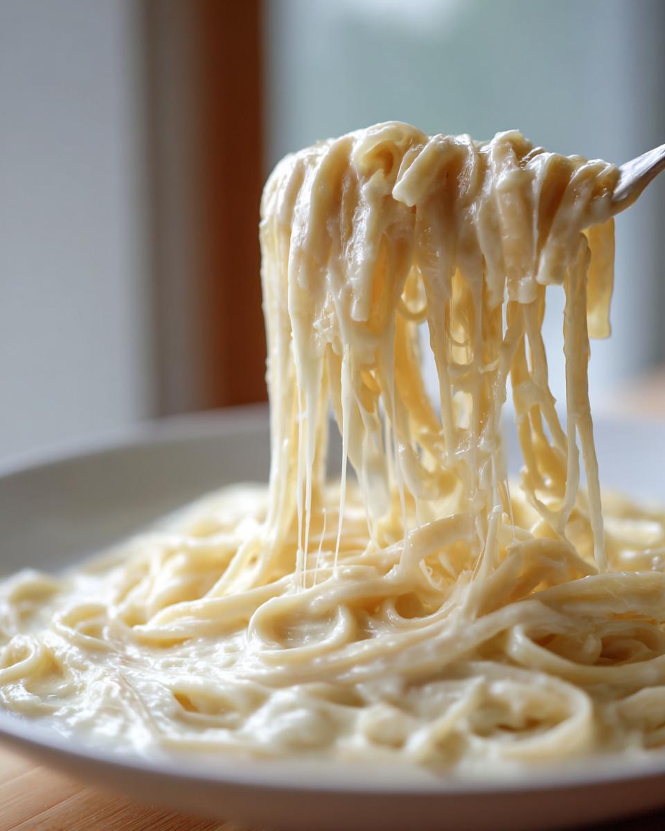 Close-up of spaghetti noodles coated in thick, creamy olive garden alfredo sauce being lifted by a fork.