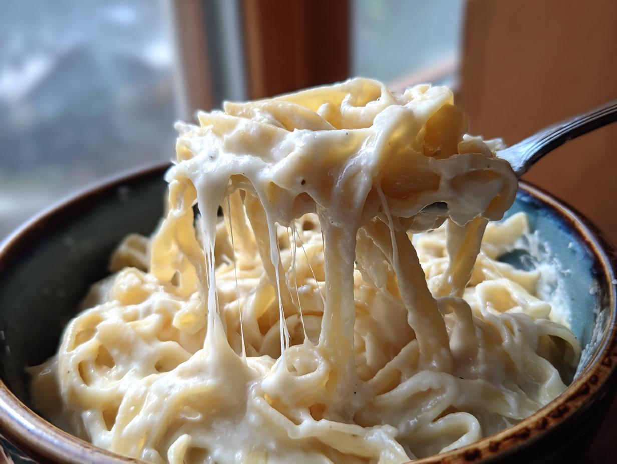 Close-up of fettuccine pasta coated in creamy olive garden alfredo sauce being lifted by a fork, showing cheese pull.
