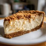 A close-up shot of a thick slice of creamy peanut butter pie with a graham cracker crust and crumb topping.