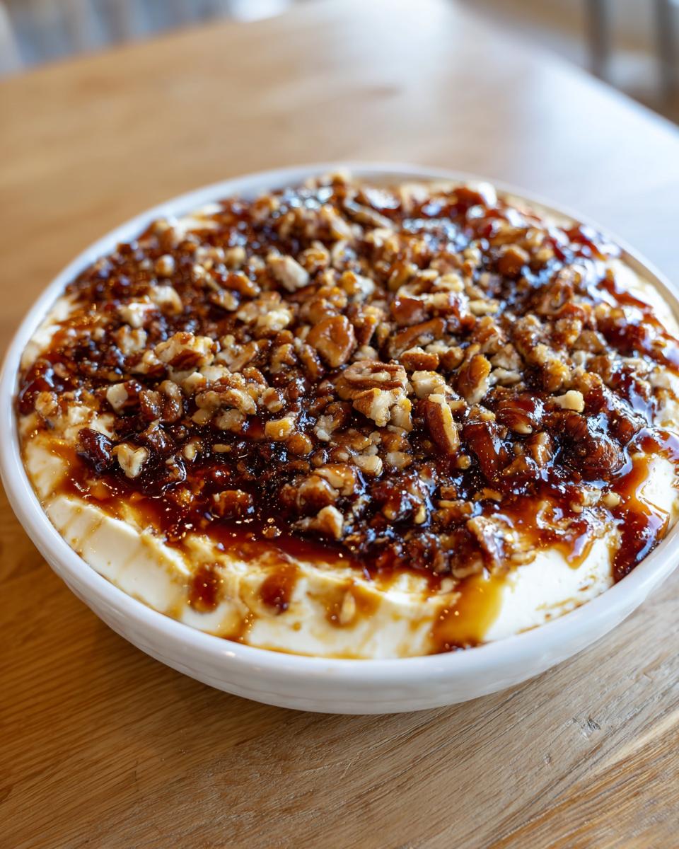 A close-up of creamy pecan pie dip in a white bowl, generously topped with caramel sauce and chopped pecans.