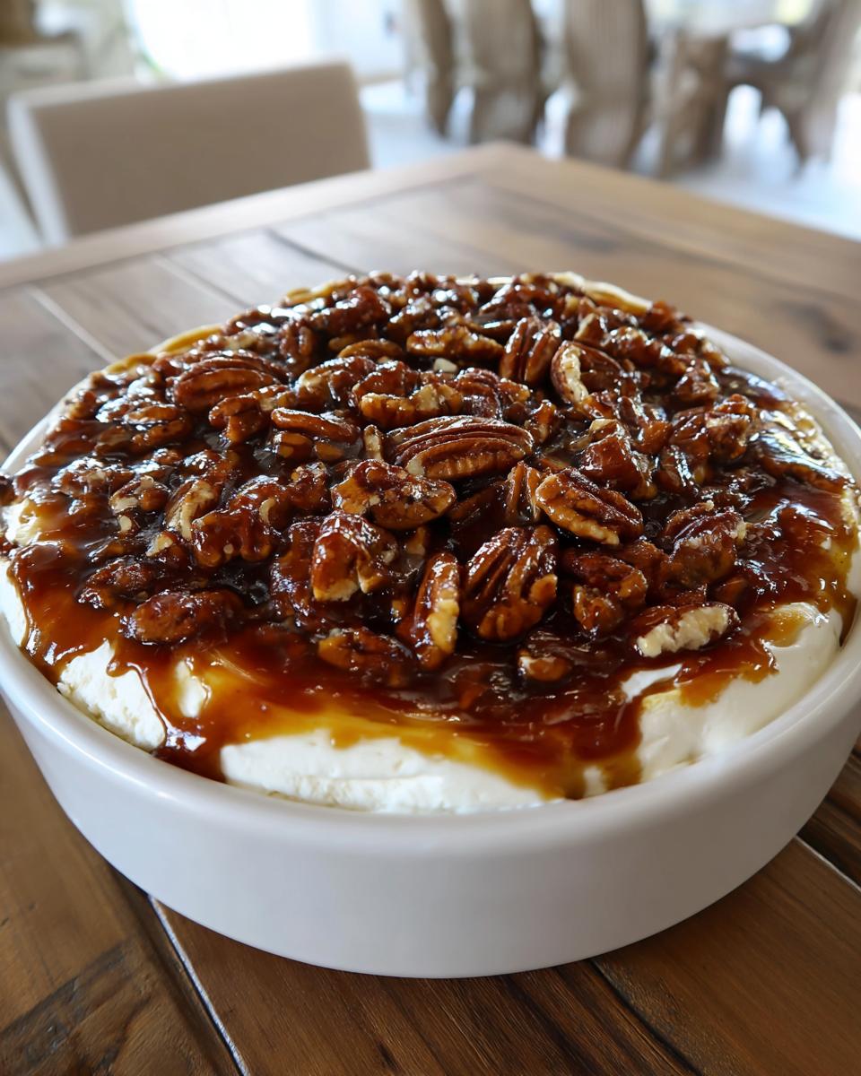 Close-up of a creamy pecan pie dip in a white bowl, generously topped with sticky, caramelized pecans.