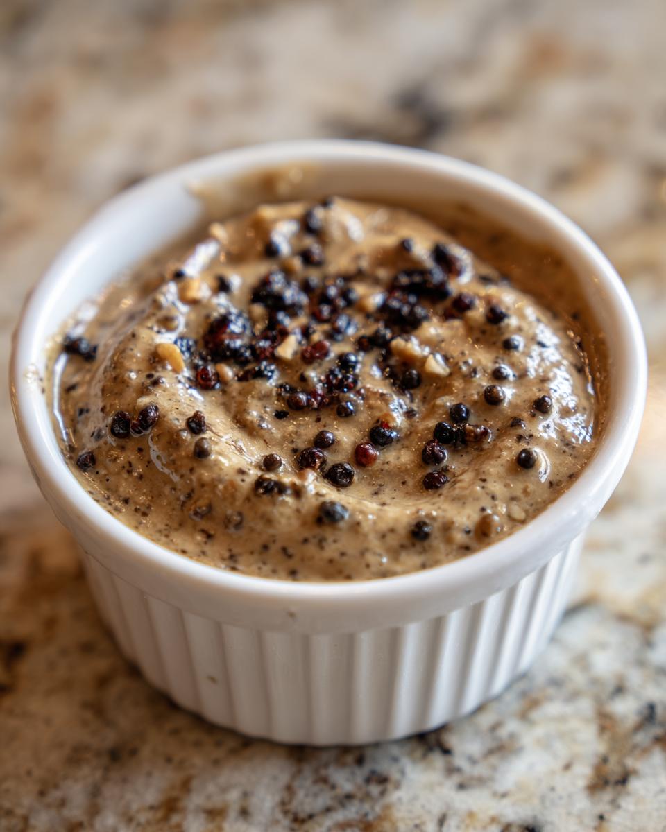 Close-up of rich, creamy peppercorn sauce served in a white ramekin, topped with whole black peppercorns.