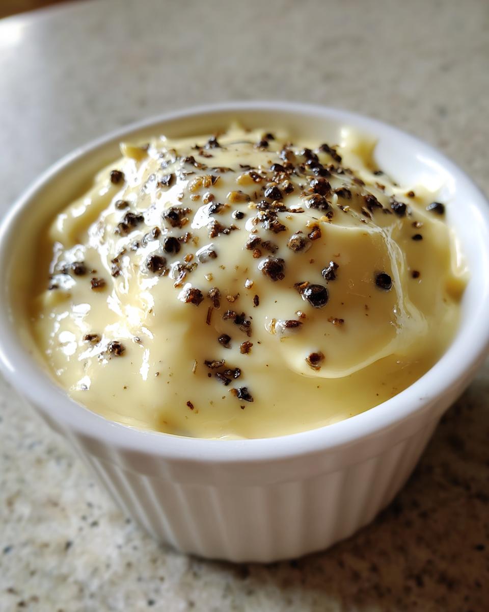 Close-up of rich, creamy peppercorn sauce served in a white ramekin, heavily topped with cracked black peppercorns.