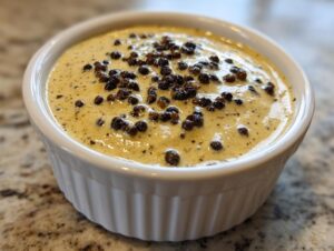 A close-up of rich, creamy peppercorn sauce served in a white ramekin, heavily garnished with whole black peppercorns.