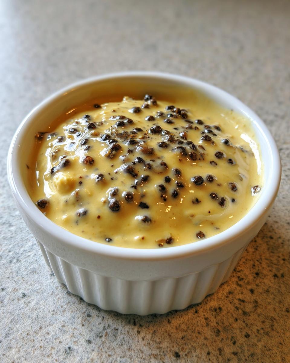 Close-up of rich, yellow peppercorn sauce generously studded with whole black peppercorns in a white ramekin.