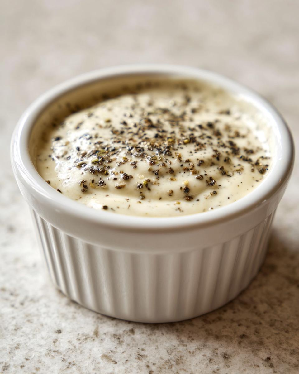 Close-up of creamy peppercorn sauce topped with cracked black pepper in a white fluted ramekin.