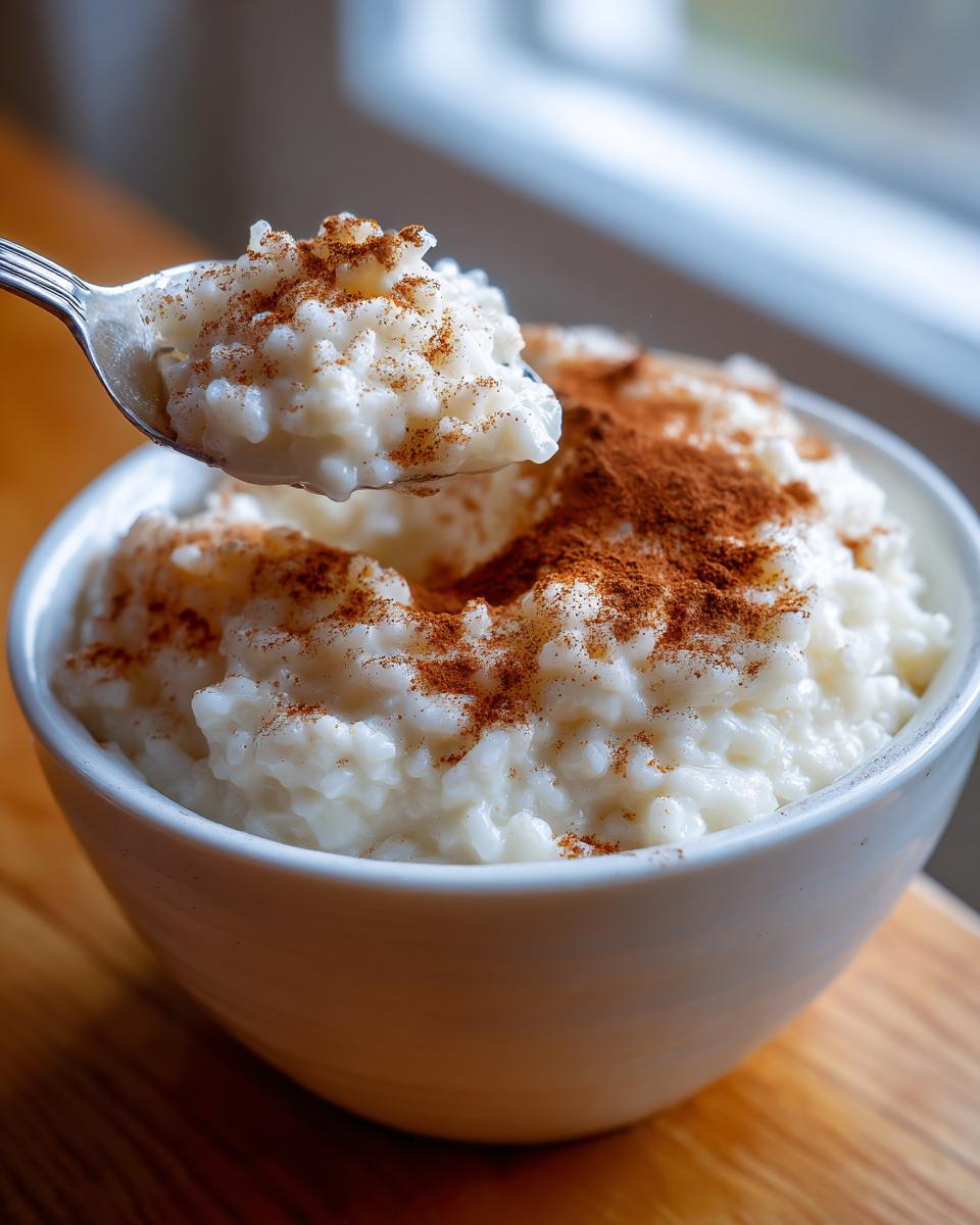 A spoonful of creamy rice pudding recipe topped generously with ground cinnamon being lifted from a white bowl.