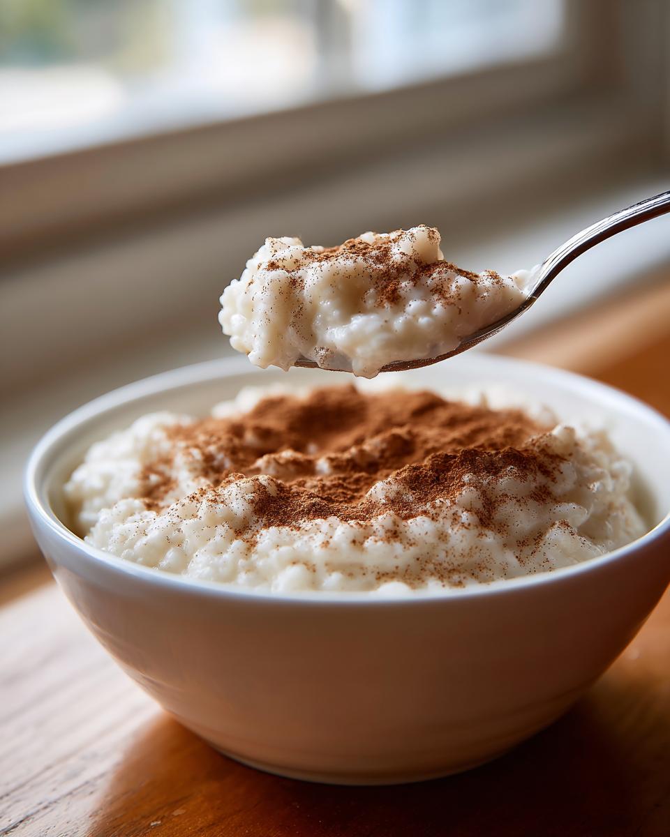 A spoonful of creamy rice pudding recipe topped with cinnamon being lifted from a white bowl.