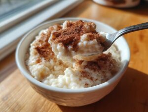 A spoonful of creamy rice pudding recipe topped generously with ground cinnamon, served in a white bowl.