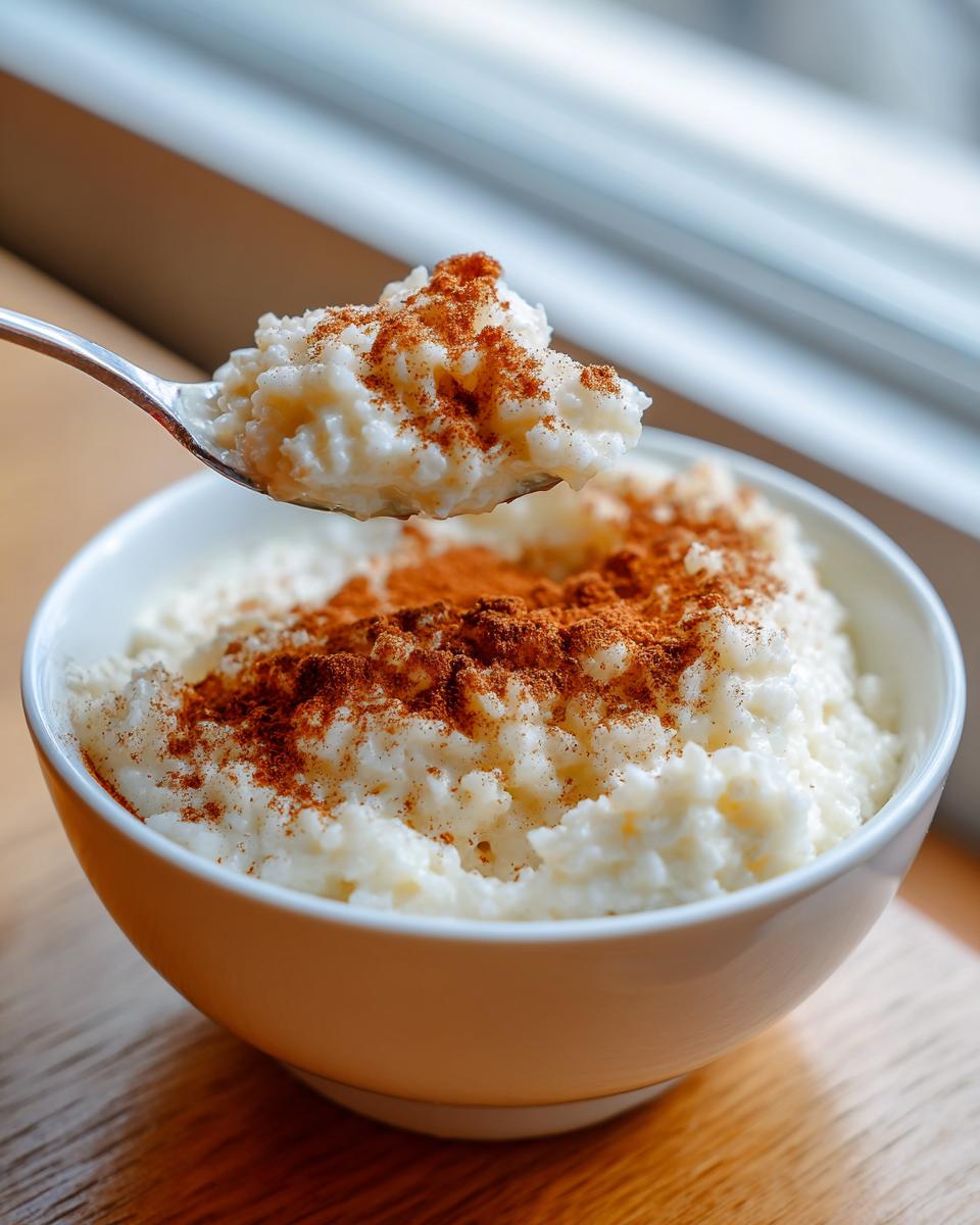A spoonful of creamy rice pudding recipe topped generously with ground cinnamon, lifted from a white bowl.