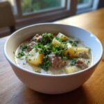 A close-up of a creamy sausage potato soup in a white bowl, garnished generously with fresh chopped parsley.
