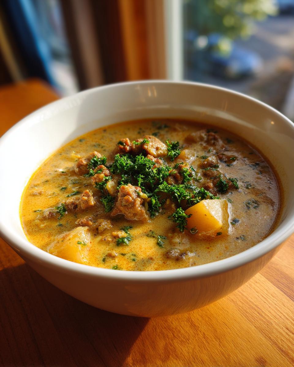 A close-up of creamy sausage potato soup in a white bowl, garnished with fresh parsley.