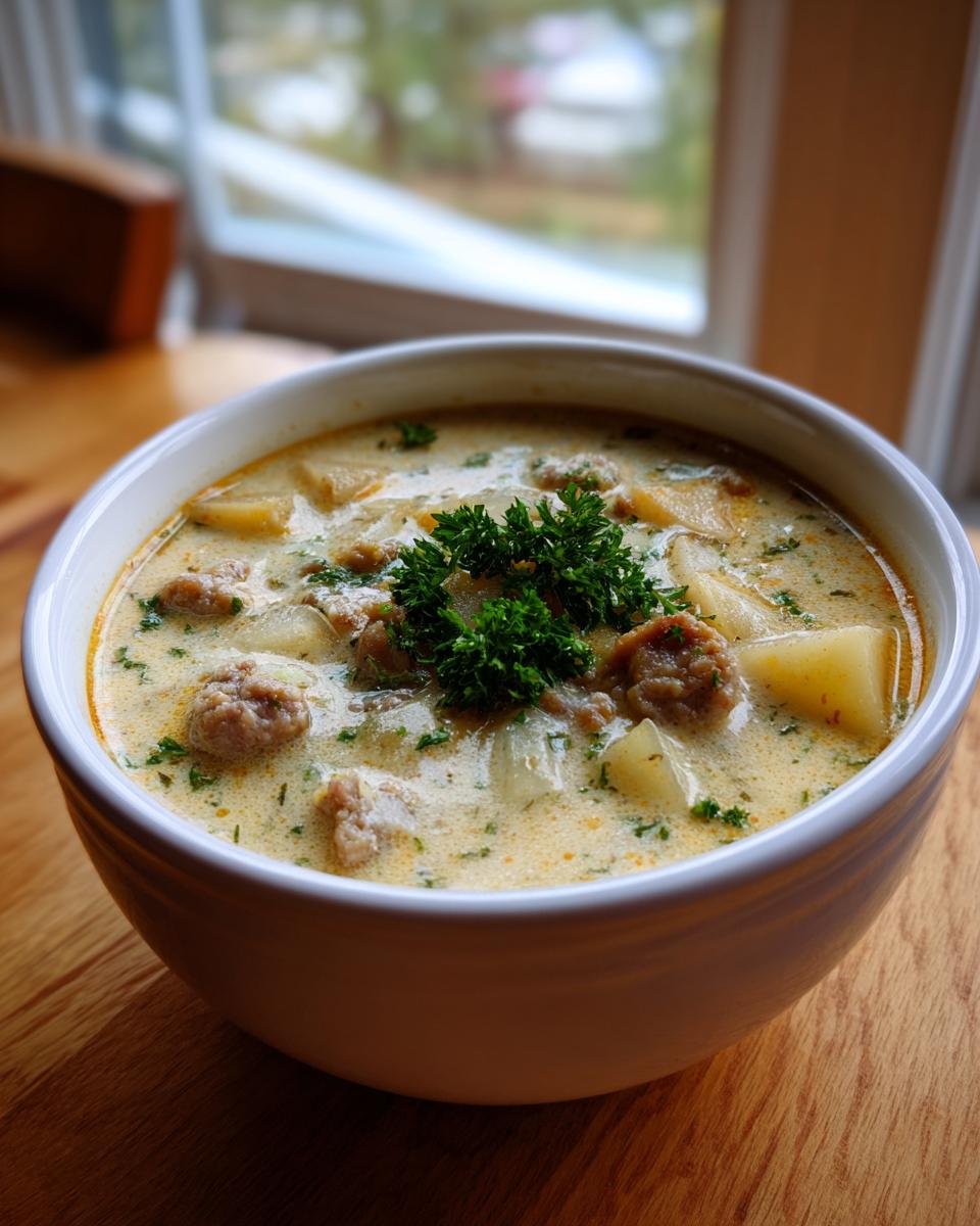 A close-up of a hearty bowl of creamy sausage potato soup, garnished with fresh parsley.