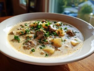 A close-up of a hearty bowl of creamy sausage potato soup, garnished with fresh parsley.