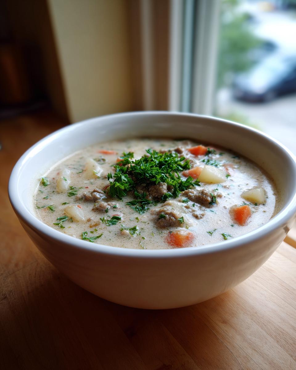 A close-up of creamy sausage potato soup, rich with chunks of potato, sausage, and topped with fresh parsley.