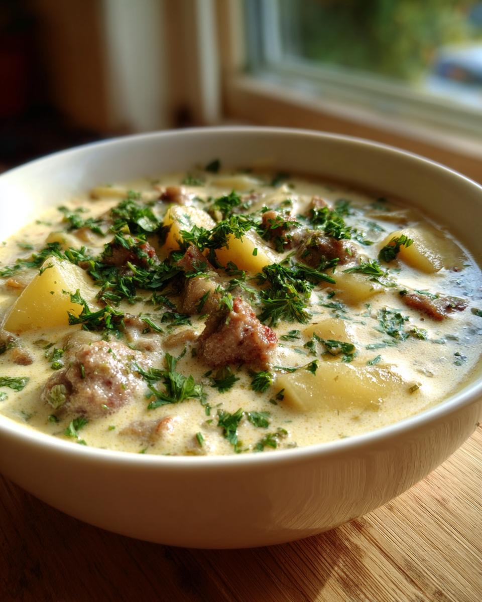 A close-up of a creamy sausage potato soup, featuring chunks of potato and sausage, topped generously with fresh parsley.