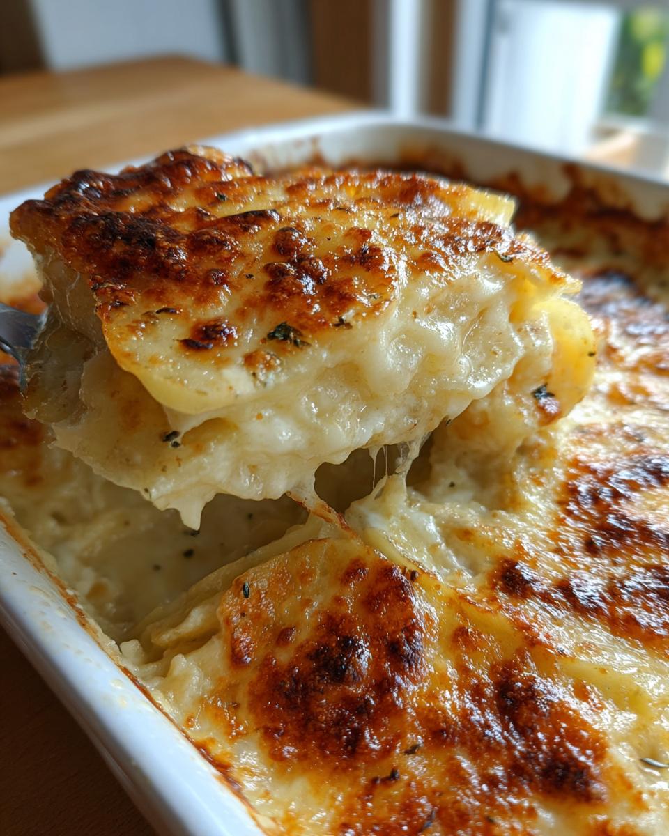 A serving spoon lifts a cheesy, browned slice of creamy scalloped potatoes from the baking dish.