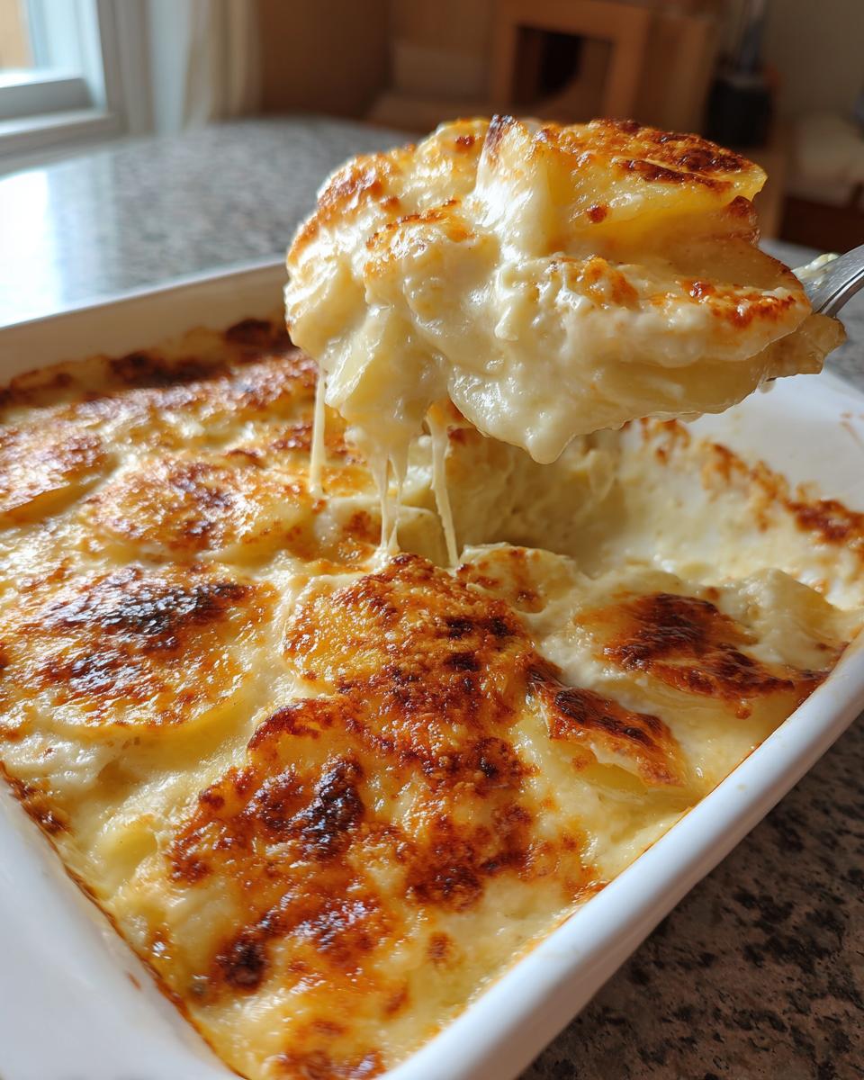 A serving spoon lifts a cheesy, creamy portion of baked scalloped potatoes from a white baking dish.