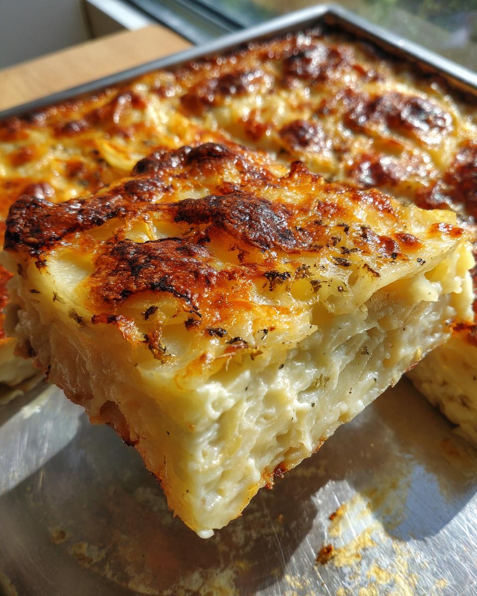 A close-up of a rich, creamy slice of scalloped potatoes with a golden-brown, cheesy crust.