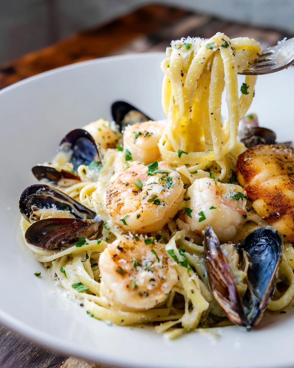 A fork lifting fettuccine from a bowl of creamy seafood pasta featuring shrimp, mussels, and a seared scallop.