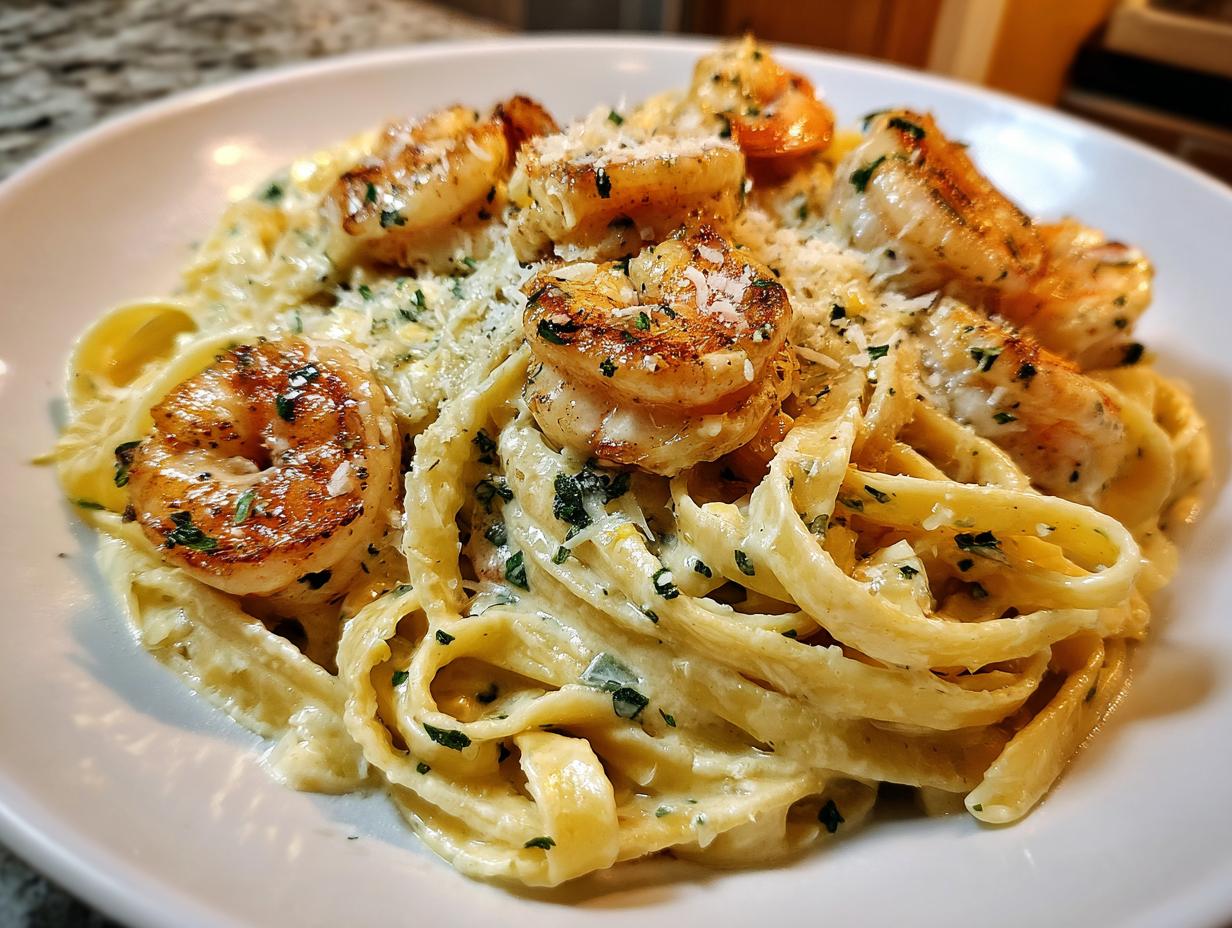 Close-up of a plate of creamy shrimp alfredo pasta topped with seared shrimp and grated parmesan cheese.