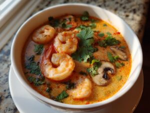A close-up photo of creamy, orange-hued tom yum soup filled with large shrimp, sliced mushrooms, and fresh cilantro.
