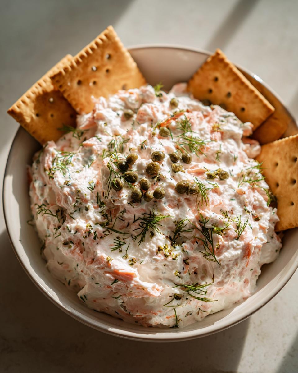 Bowl of creamy smoked salmon dip topped with capers and fresh dill, served with crackers.