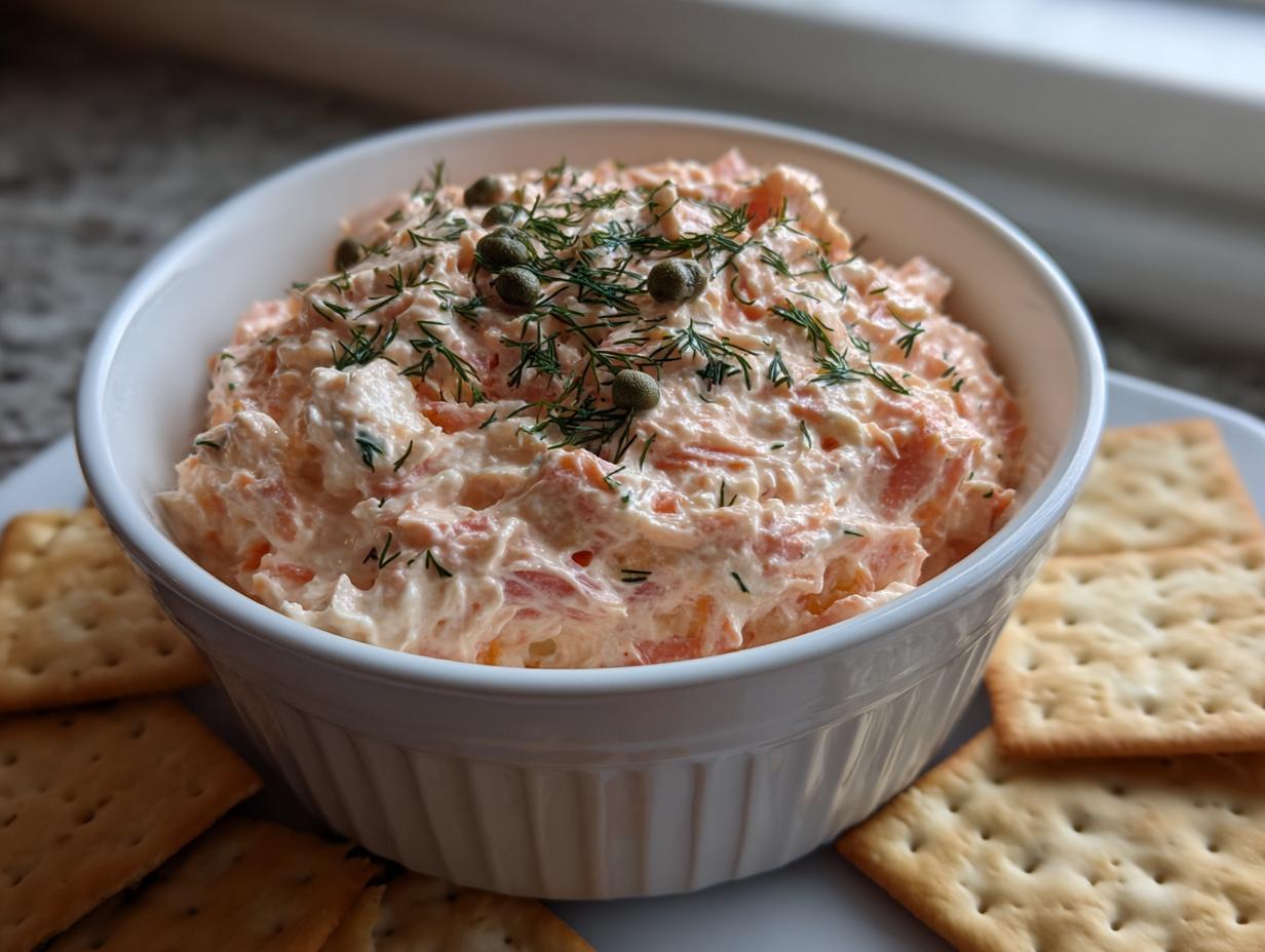 A white bowl filled with creamy smoked salmon dip, garnished with dill and capers, served alongside crackers.