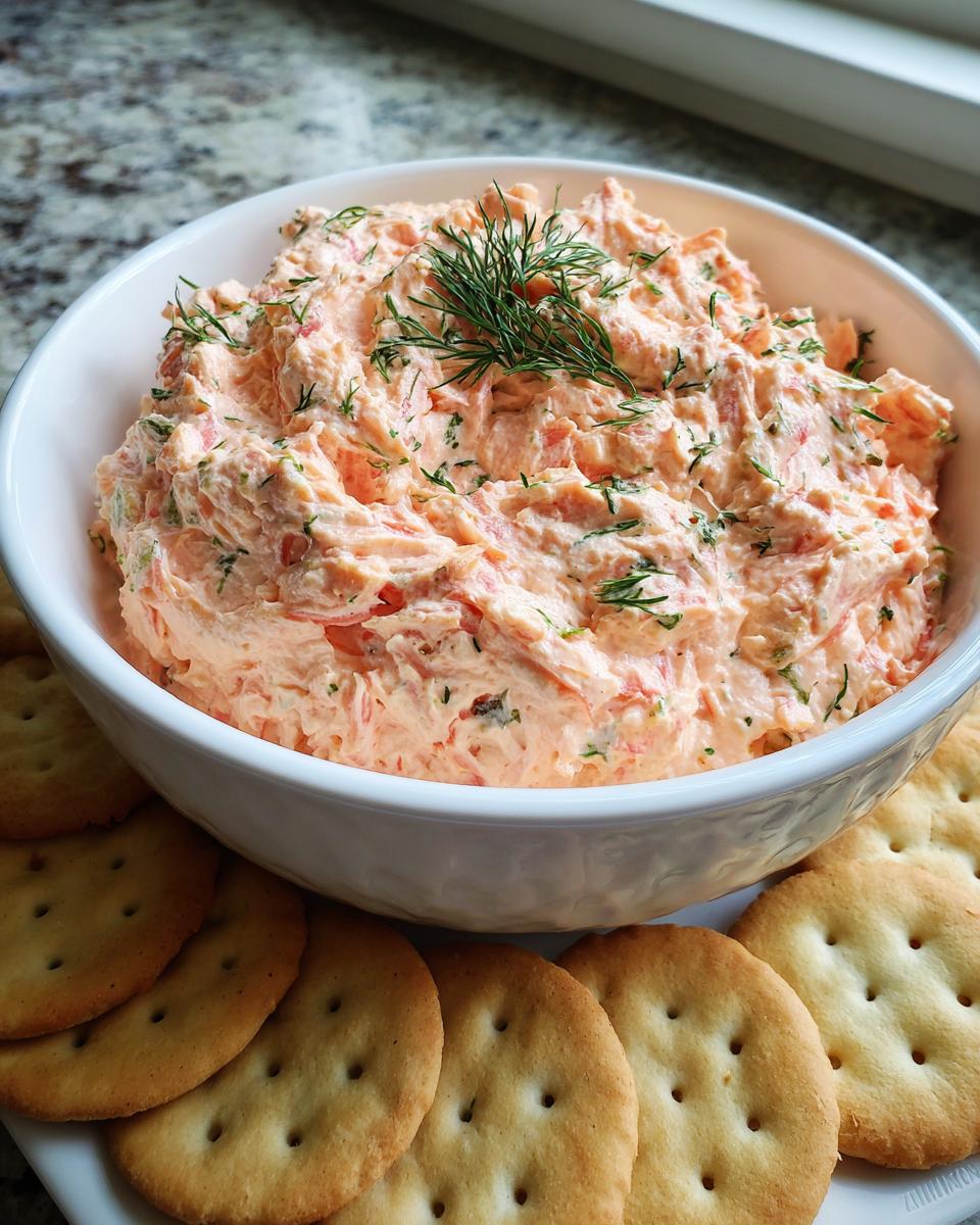 A bowl of creamy smoked salmon dip garnished with fresh dill, served with round crackers.