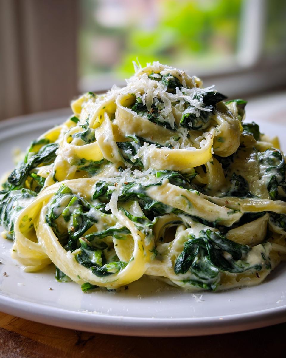 Close-up of creamy fettuccine tossed with wilted spinach, a perfect example of spinach pasta, topped with grated Parmesan cheese.
