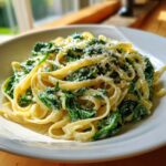 Close-up of creamy fettuccine mixed with wilted spinach and topped with grated parmesan cheese, a perfect spinach pasta.