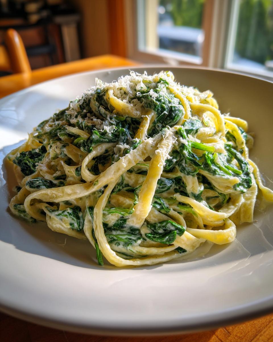 A close-up of creamy fettuccine spinach pasta topped with grated Parmesan cheese, served in a white bowl.