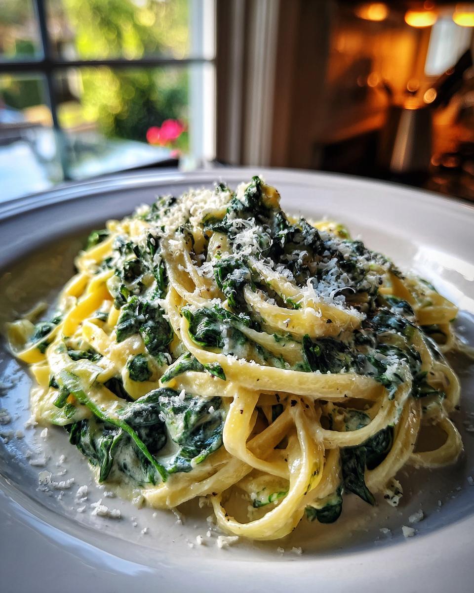 Close-up of a serving of creamy spinach pasta topped with grated Parmesan cheese.