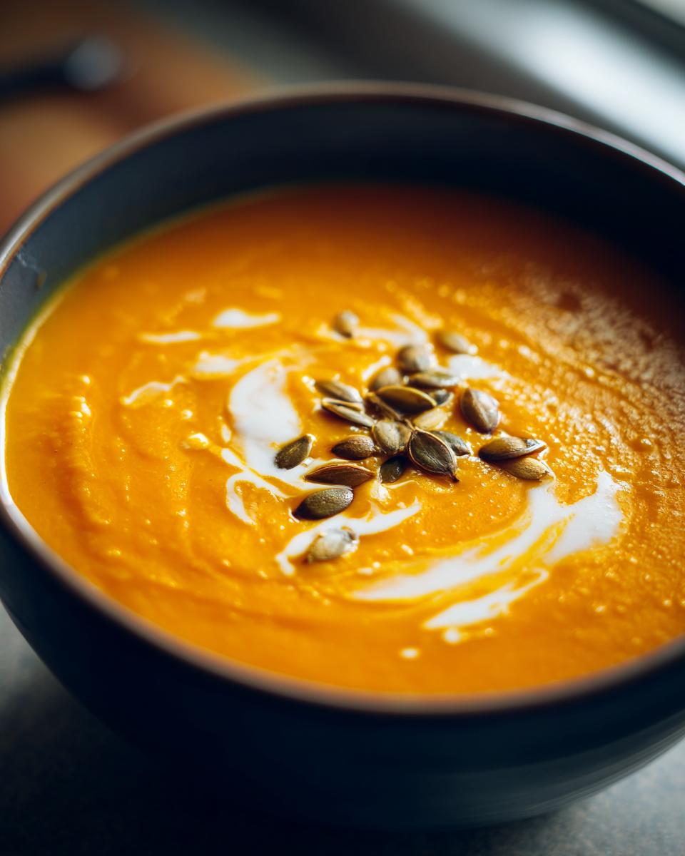 Close-up of vibrant orange squash soup swirled with cream and topped with toasted pumpkin seeds.