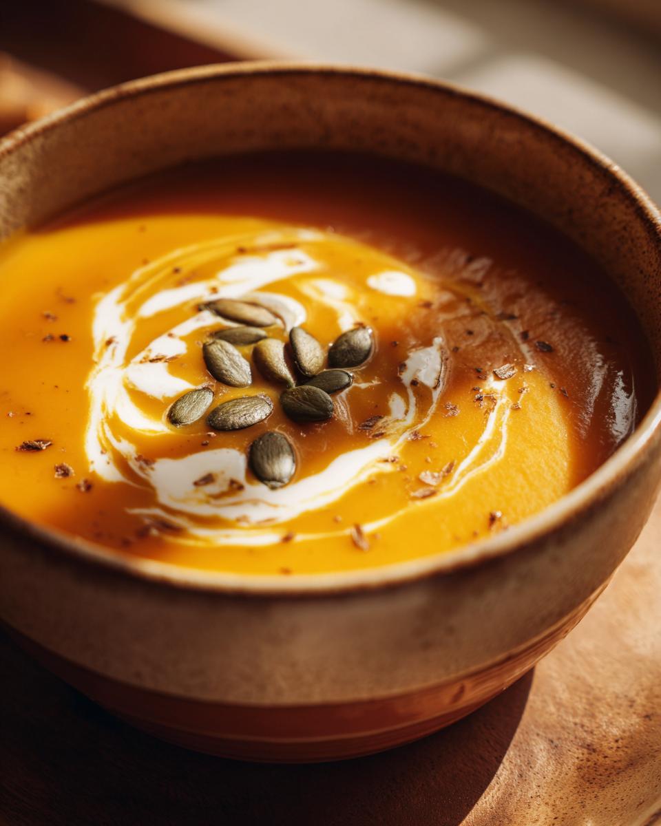 Close-up of creamy orange squash soup garnished with a swirl of cream and toasted pumpkin seeds.