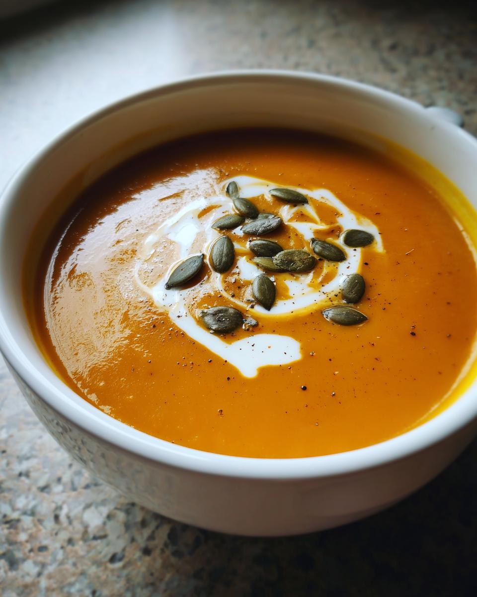 A close-up of a bowl of vibrant orange squash soup, garnished with a swirl of cream and toasted pumpkin seeds.