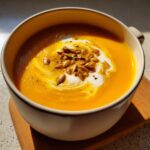 Close-up of a bowl of vibrant orange squash soup topped with cream swirl and toasted pumpkin seeds.
