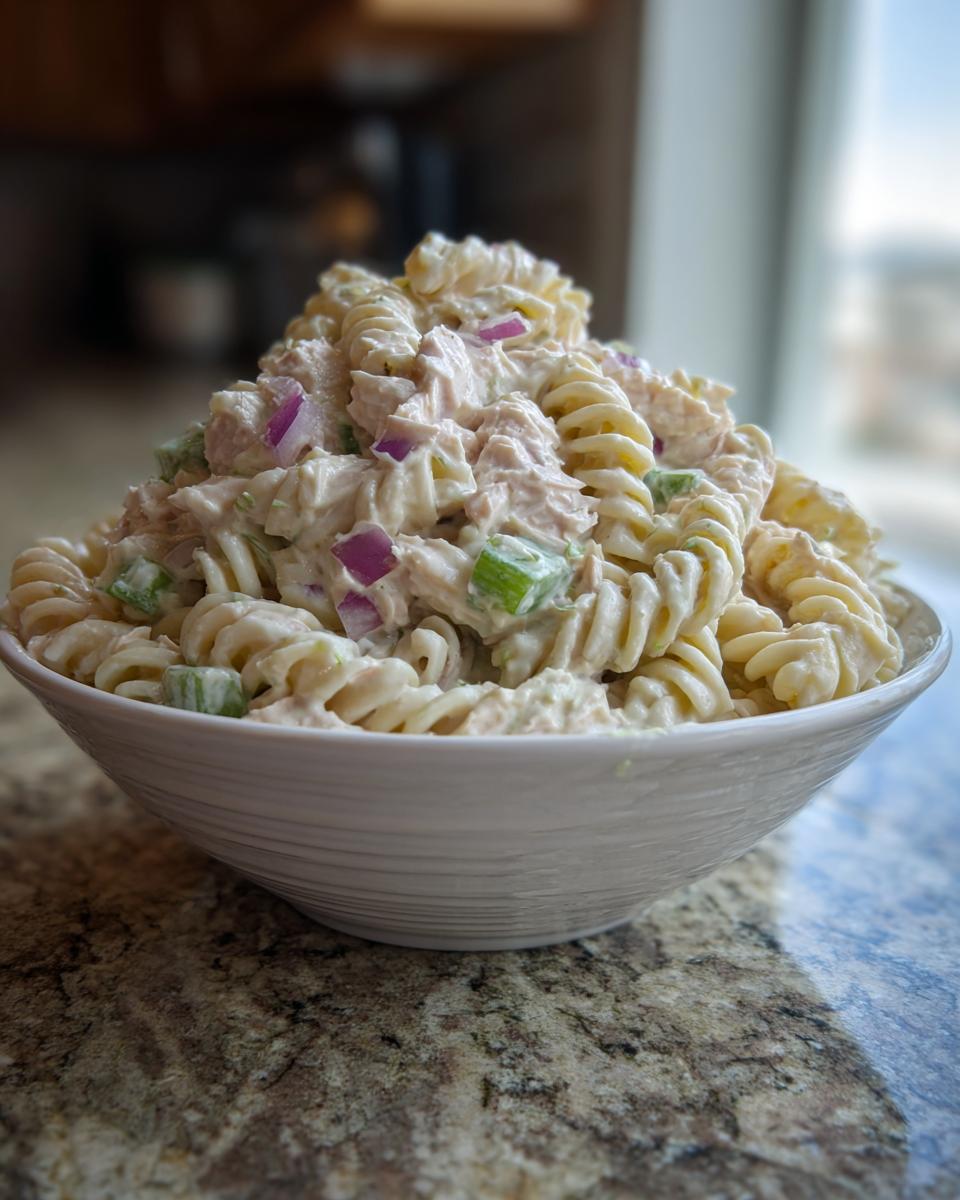 A generous serving of creamy Tuna Pasta Salad featuring rotini pasta, tuna chunks, red onion, and celery in a white bowl.