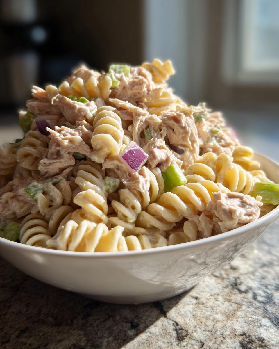 Close-up of a generous serving of creamy tuna pasta salad made with rotini, celery, and red onion in a white bowl.