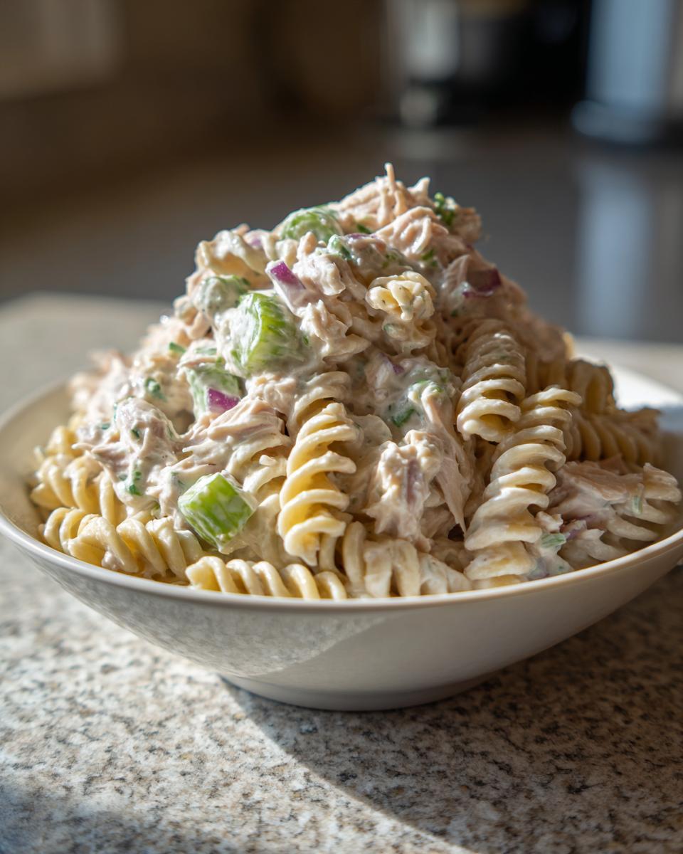 A generous serving of creamy tuna pasta salad made with rotini pasta, celery, and red onion in a white bowl.