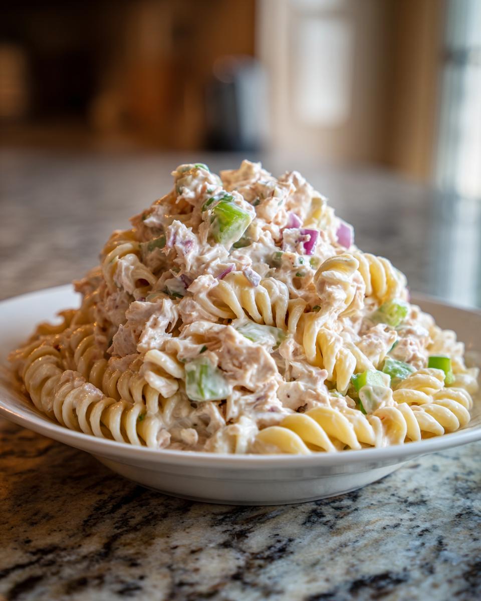 A generous serving of creamy tuna pasta salad mixed with rotini, celery, and red onion in a white bowl.