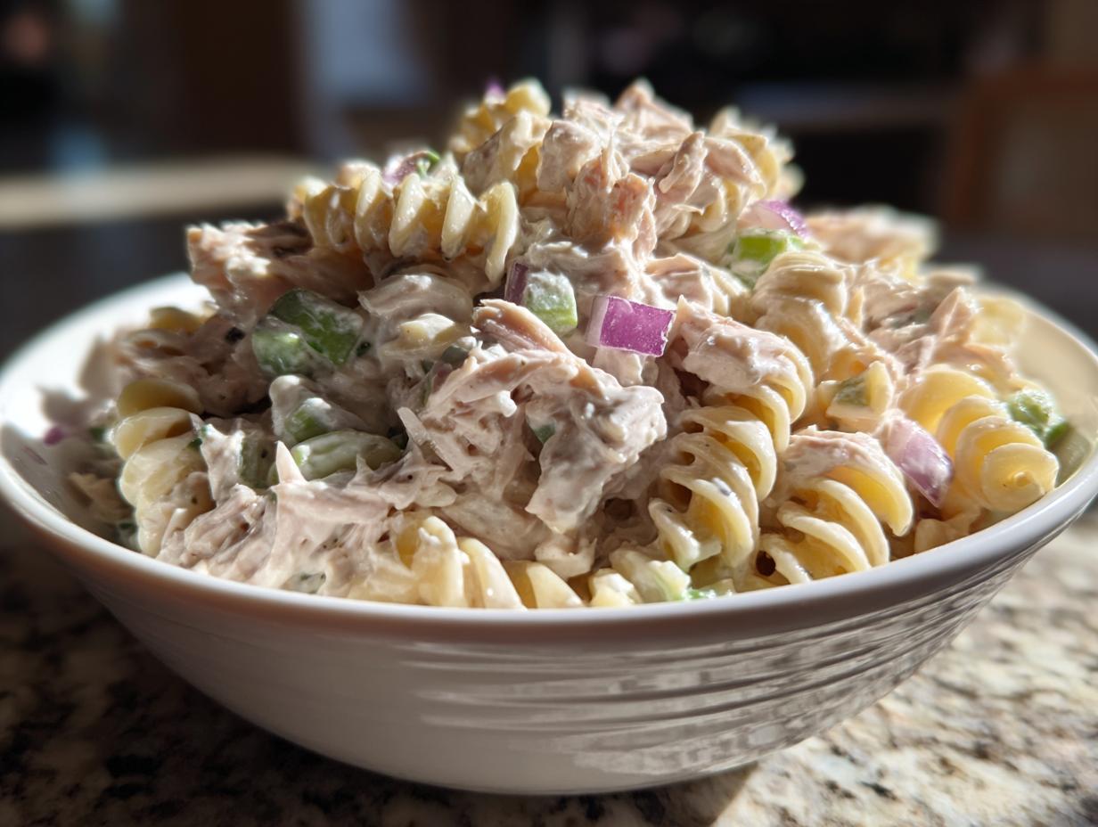 Close-up of creamy Tuna Pasta Salad made with rotini pasta, tuna, celery, and red onion in a white bowl.