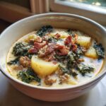 A close-up of a creamy bowl of zuppa toscana soup filled with potatoes, sausage, kale, and topped with bacon.