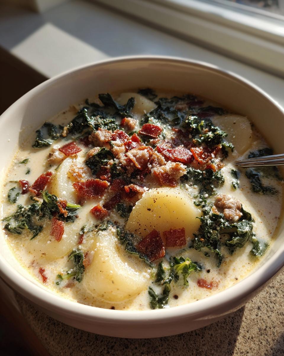A close-up bowl of creamy zuppa toscana soup featuring large potato chunks, wilted kale, sausage, and topped with crispy bacon bits.