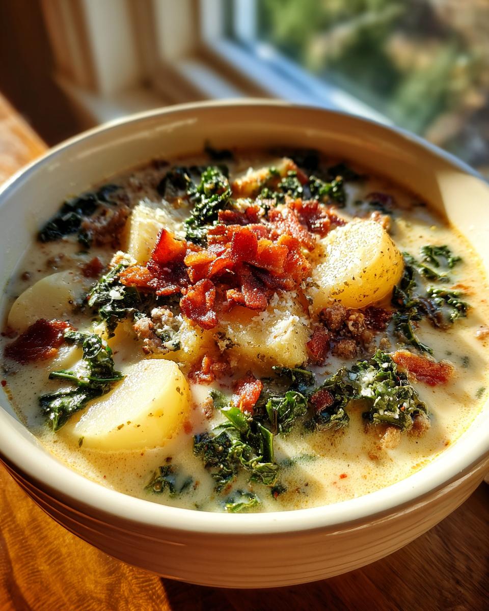 A close-up of a bowl of creamy zuppa toscana soup topped with kale, sliced potatoes, crumbled bacon, and Parmesan cheese.