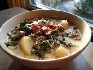 A close-up of a creamy bowl of zuppa toscana soup, loaded with sausage, potatoes, kale, and topped with bacon.