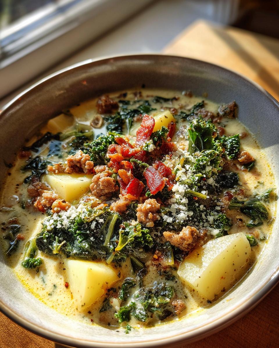 Close-up of a creamy zuppa toscana soup bowl topped with sausage, kale, bacon bits, and grated Parmesan cheese.