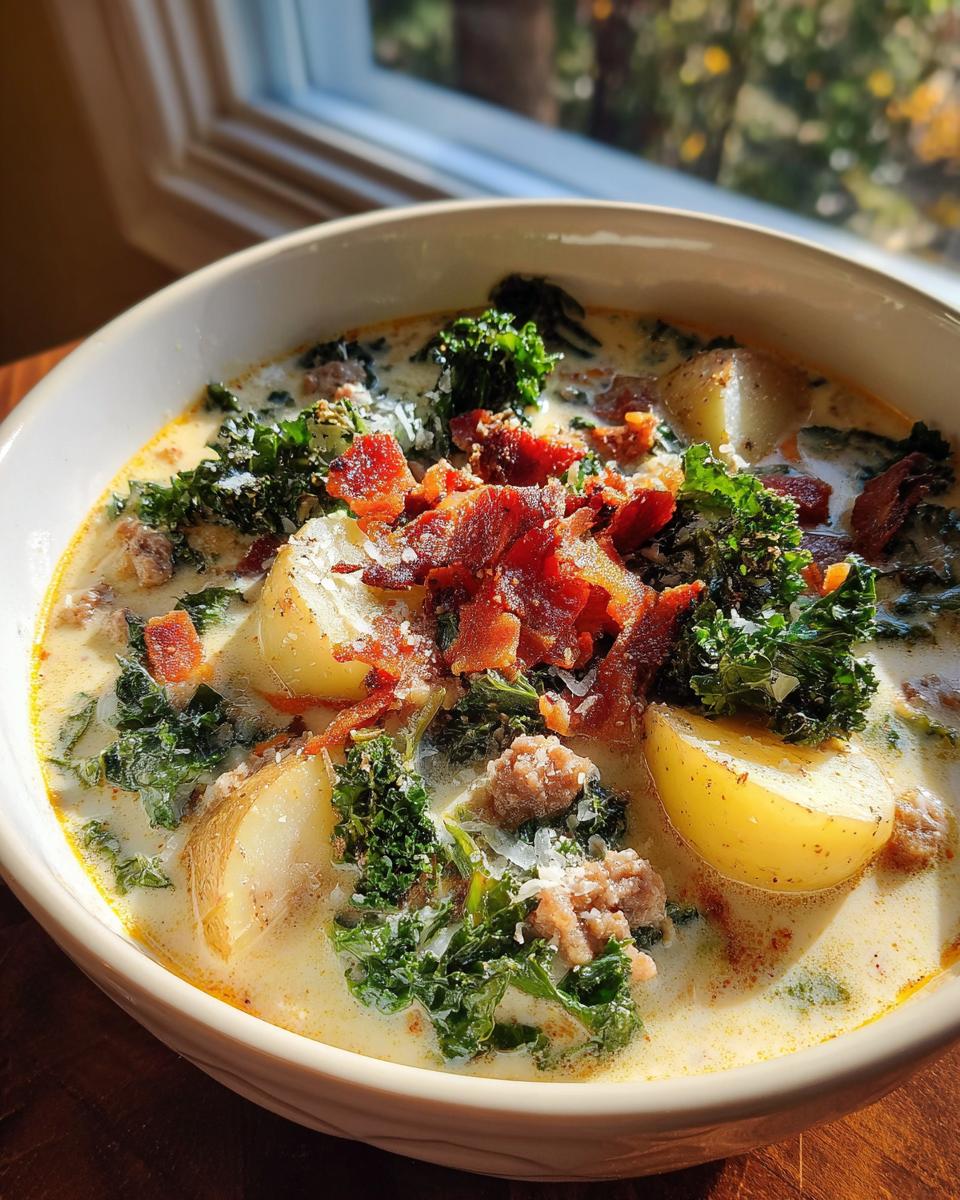 Close-up of a bowl of creamy zuppa toscana soup topped with sausage, potatoes, kale, and crispy bacon.