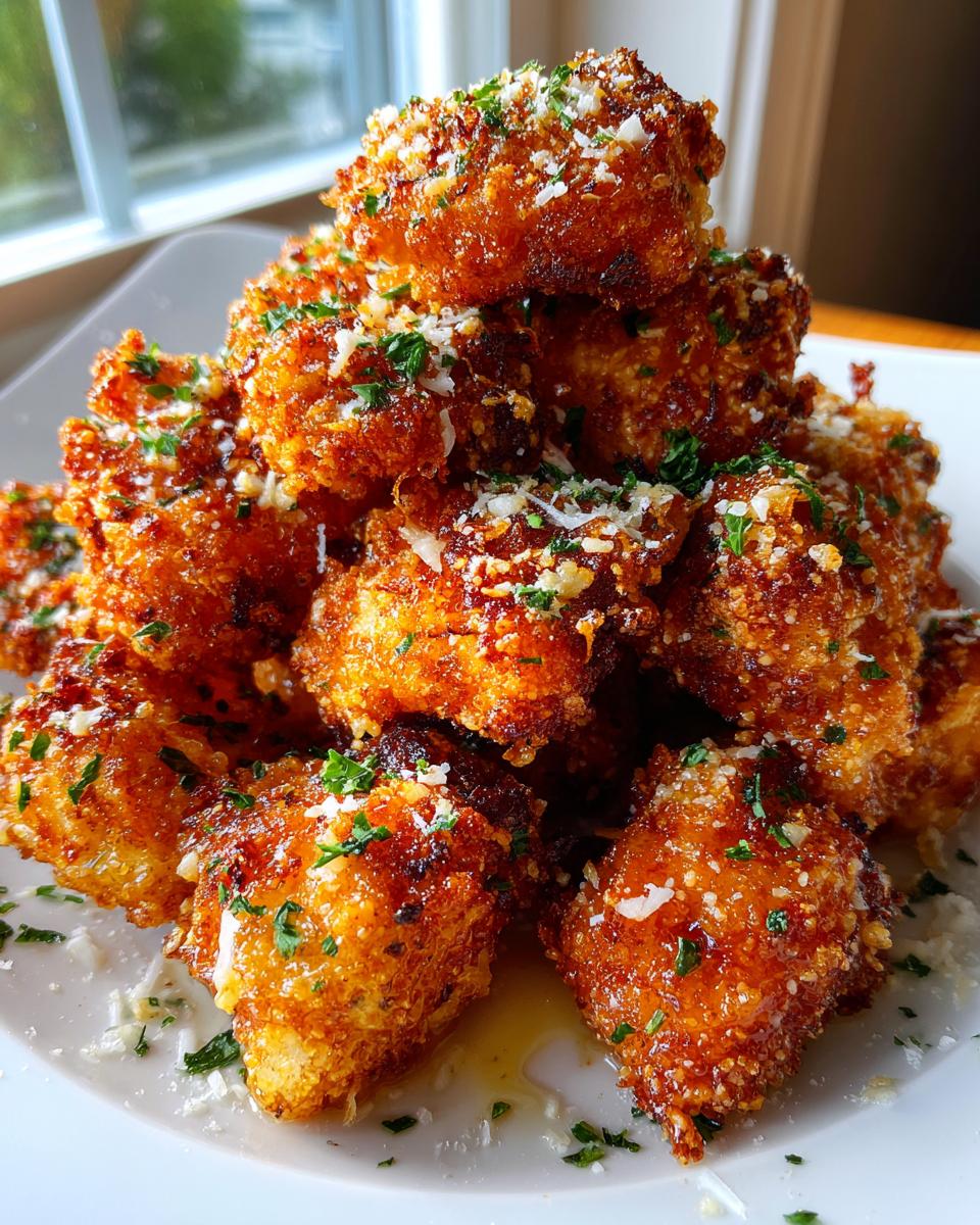 A tall stack of golden brown, crispy chicken bites topped with grated parmesan and fresh parsley.